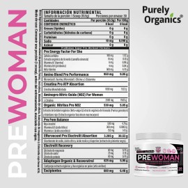 Prewoman Pre Workout Para Mujeres Purely Organics 30 servicios Sabor Ponche de Frutas