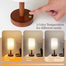 Cordless Table Lamp, 3 Color Dimming Portable Battery Lamp, Touch Control Wood Base Small Bedside Lamps for Night Stands, Living Room, Office(LED Bulb Included) (Cordless Wood Base)