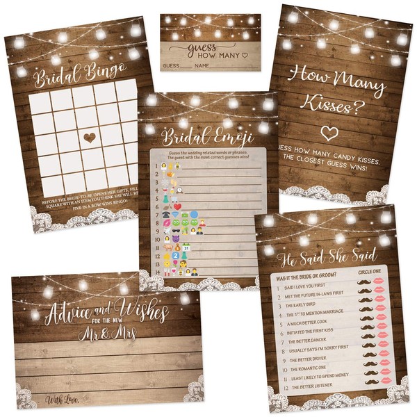 Printed Party Rustic Bridal Shower Kit, 5 Games and Activities, 250 Cards