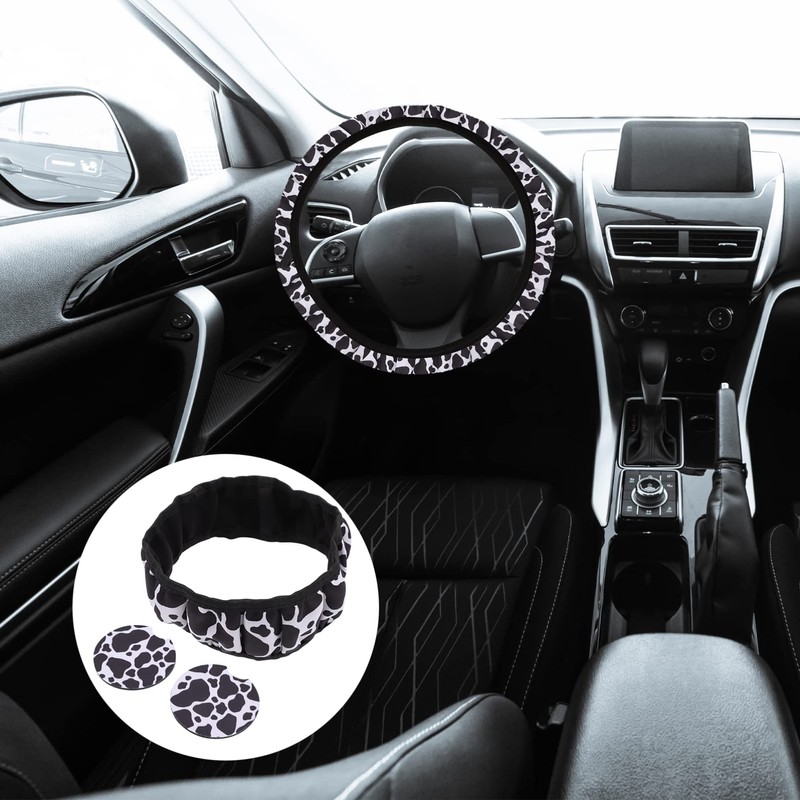 GRIRIW 1Set Cow Pattern Steering Wheel Cover Coaster Easy to