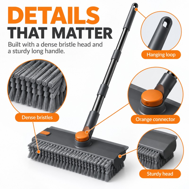 3-in-1 Floor Scrub Brush for Household Cleaning – Long Handle