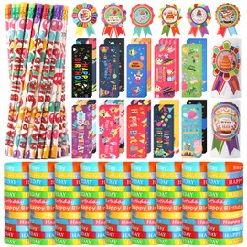 500 Pieces Happy Birthday Gifts Set:100 Pcs Happy Birthday Rubber Bracelets,100 Pcs Happy Birthday Pencils,100 Pcs Happy Birthday Bookmarks and 200 Pcs Happy Birthday Badge Stickers (Style--1)