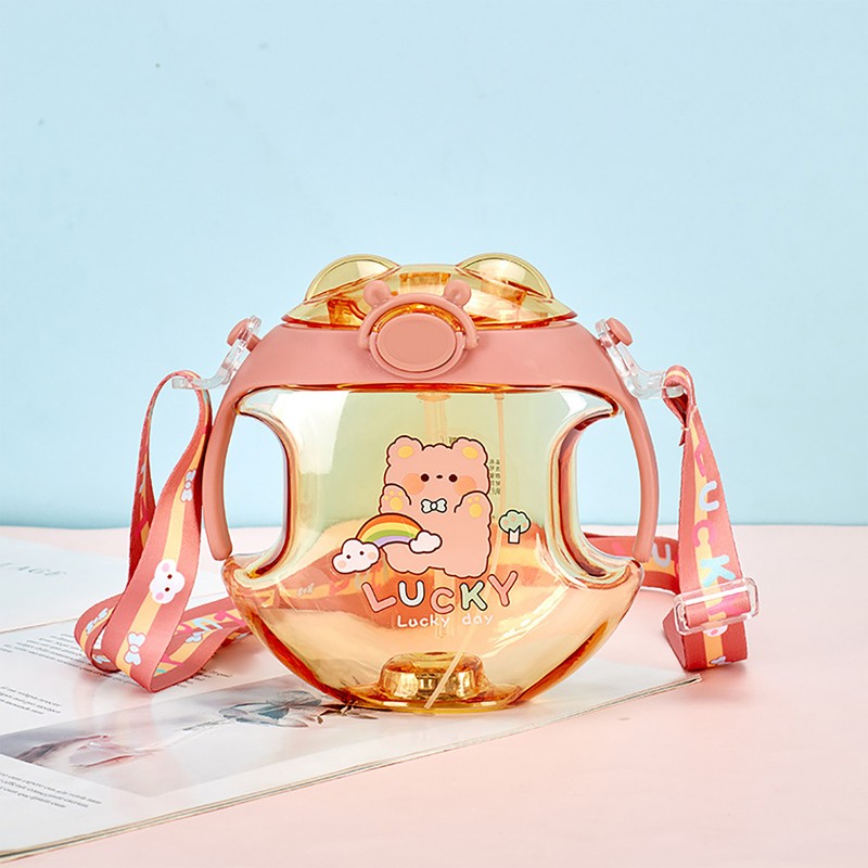 450ml Kids Water Cup with Handle and Lanyard Plastic Straw