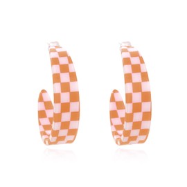 Checker Hoop Earrings Acrylic Retro Unique Chunky Checkerboard Black White Grid Y2k Lightweight Colorful Open C shaped Earrings for Women Minimalist 70s 80s 90s Party Jewelry Gifts, Medium, Acrylic,