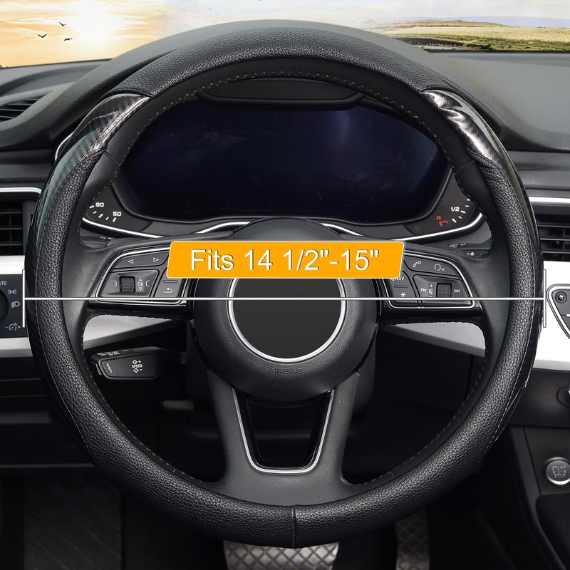 KAFEEK Carbon Fiber Steering Wheel Cover, Universal 15 inch, Anti-Slip,