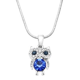 Falari Owl Pendant Necklace Rhinestone Crystal Rhodium High Polished (Style 2 - Sapphire)