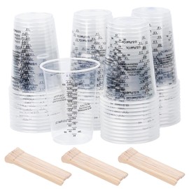 TAIHOBO 50PCS Plastic Measuring Cups 240ml, Paint Mixing Cups with 50 Wooden Sticks, Transparent Small Measuring Cup, Epoxy Resin Accessories with Graduated for Liquids Paints Pigments Cooking