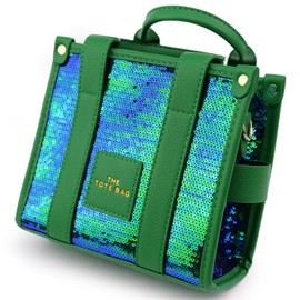 Retro 80s Iridescent Square Sequin Handbag Tote Party Evening Detachable Strap Shine Fashion Sequin clutch bag (Green)