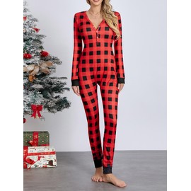 ensswliz Women's Sexy Valentine Day Butt Button Back Flap Jumpsuit Pajamas Long Sleeve Romper Bodycon Pajamas One Piece (A-Red Plaid, S)