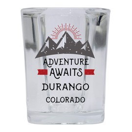 Durango Colorado Souvenir 2 Ounce Square Base Liquor Shot Glass Adventure Awaits Design