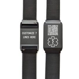 Medical Alert ID Bracelet, Adjustable 6"- 8.5" Magnetic Mesh Band, Customize up to 7 Lines and QR Code, Select a Color