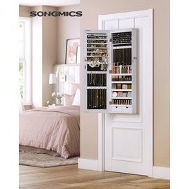 SONGMICS Hanging Jewelry Cabinet, Wall-Mounted Cabinet with LED Interior Lights, Door-Mounted Jewelry Organizer, Full-Length Mirror, Gift Idea, White UJJC99WT