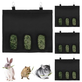 4Pcs Rabbit Hay Feeder Bag, 3 Hole Hay Bag for Rabbits, Guinea Pig Feeder, Small Animal Hanging Rabbits Bunny Chinchillas Hamsters and Other Small Pets (Black)