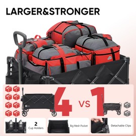 Sunula Collapsible Foldable Wagon Cart with 330lbs Weight Capacity, Heavy Duty Folding Wagon Cart with Big All-Terrain Wheels & Drink Holders. Black