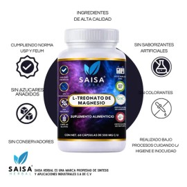 L-treonato De Magnesio | Treonato de Magnesio Suplemento Alimenticio | 100% Puro Saisa Herbal | 60 Cápsulas Saisa Alta Absorción | Reduccion de estrés