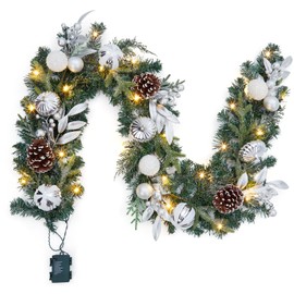 Pre-Lit Christmas Garland with Lights, 6 Ft Battery Operated Xmas Garland with 20 LED Lights Silver White Ball Ornaments Pine Cones for Front Door Fireplace Stair Railing Indoor Outdoor Decorations