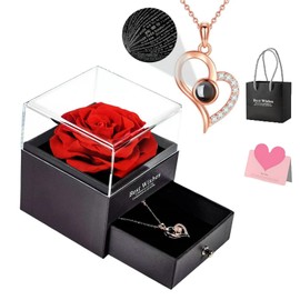 Preserved Real Rose Valentines Day Gifts, Gift Box with I Love You Necklace In 100 Languages, Real Rose Flower Gifts for Her Woman Girlfriend on Birthday, Anniversary, Valentine's Day, Mother's Day