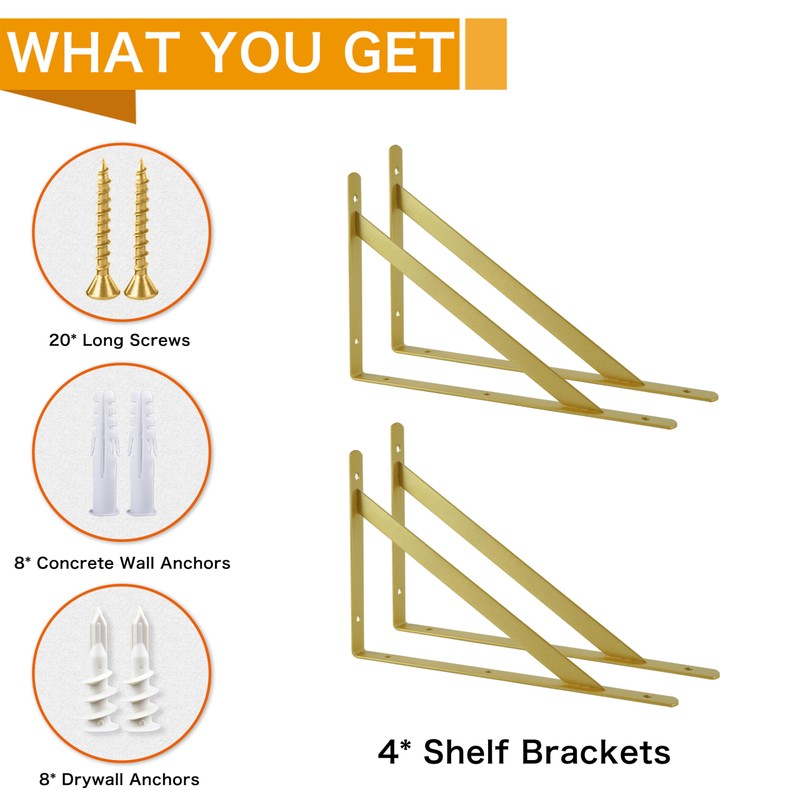 EZYDECOR Shelf Brackets Gold Brackets for Shelves 300mm/12 Inch Triangle
