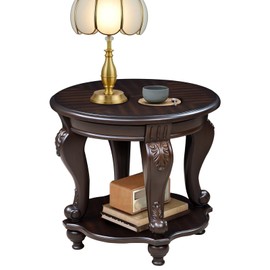 LKTART Small Round End Tables for Living Room, Vintage Side Table for Small Spaces, Wooden Farmhouse End Table with Elegant Carved Legs, Espresso