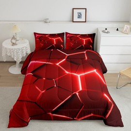 Honeycomb Bedding Set Hexagonal Red Comforter Set for Kids Boys Girls Geometrical Beehive Comforter Soft Decor Simplistic Duvet Set Room Decor Quilt Full Size Boys
