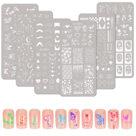 MWOOT 6 Pieces Nail Stencil Stamp Set, Lines Geometry Flower Heart Butterfly Moon Star Theme Stamp Nail Design, French Nail Art Stamping Plates Nail Stamp Manicure Tool Kit