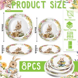 LOYIM 8 Pcs Easter Bunny Salad Plates 8 Inch 10 Inch Dessert Plates Assorted Designs Multicolored Ceramic-like Plates Easter Bunny Dinnerware for Easter Gift, Salad, Appetizer(Cute)
