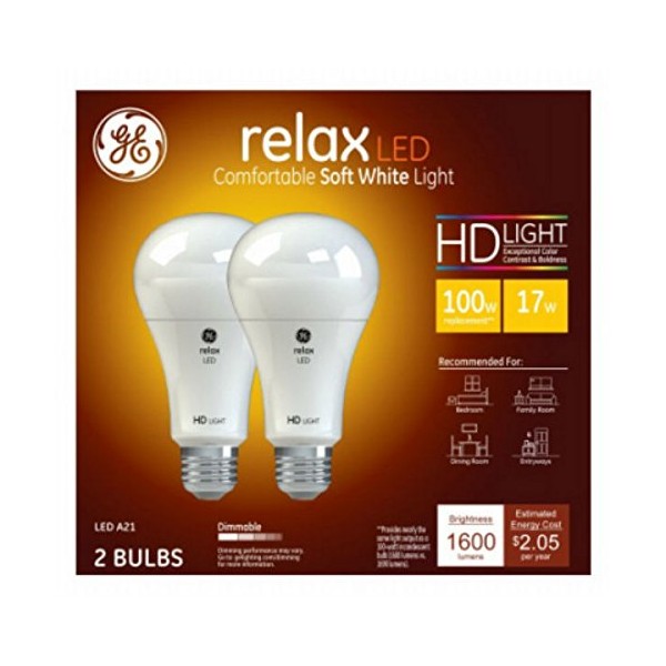 GE Lighting Relax HD A21 Lighting LED, 17-Watt Soft White Finish, Dimmable, 100-Watt Replacement, 1600 Lumen, E26 Medium Base, 2-Pack