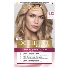 L'Oréal Paris Excellence Crème Permanent Hair Dye, Radiant At-Home Hair Colour with up to 100% Grey Coverage, Pro-Keratin, Up to 8 Weeks of Colour, Colour: 8.12 Natural Frosted Beige Blonde