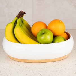 DAILY RITMO® White Oval Fruit Bowl for Kitchen Counter| Resin Ceramic-Like Neutral Home Decor Candy Dish | Entryway Table Key Holder with Modern Bamboo Wooden Weighted Base