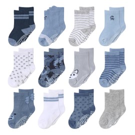 The Peanutshell Organic Baby Boy Socks for 3-12, 12-24 Months - Non-Slip Grip, Soft and Breathable 100% Cotton Baby Crew Socks - All Day Comfortable Design, Toddler Socks - Blue, Gray