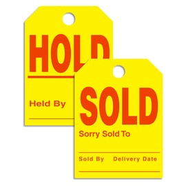 Sold Hold Car Mirror Hang Tags - Yellow Car Signs - 50 Per Pack