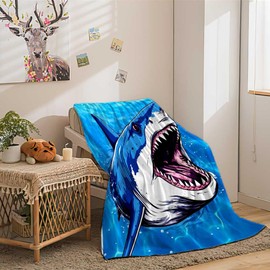 Great White Shark Blanket, Blue Sea Water Ocean Shark Theme Throw Blanket, Shark Blanket Gifts for Boys Adults Kids Lightweight Soft Plush Blankets Couch Sofa Bed Blanket Shark Decor 50"X60"in