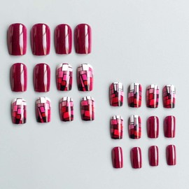 Stained Glass Press on Nails Medium Square Fake Nails with Design,Glossy False Nails Press ons Reusable Artificial Nails Full Cover Stick on Nails for Women Manicure 24 Pcs