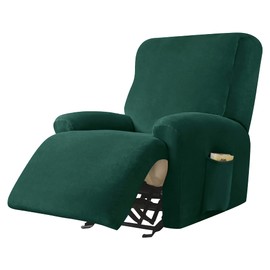 CONRUSER Recliner Chair Covers, 4-Piece Velvet Stretch Recliner Slipcover Single Seat Couch Cover Soft Furniture Protector with Pocket (Dark Green)