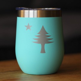 Flag of Maine - Wine Tumbler Glass with Sliding Lid - Stainless Steel Travel Mug - Maine Gift for Women and Men Mainers - Teal