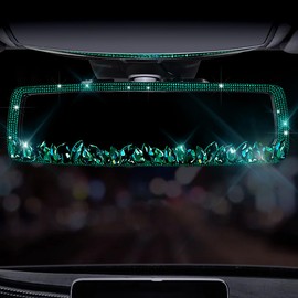 Murimt Bling Car Rearview Mirrors Decorations Rear View Mirror with HD Glass Rhinestones Automotive Interior Mirrors Diamond Bling Car Accessories for Women (HSJ-Green Gem)