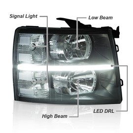 LQI LED Bar Headlight Assembly Compatible with 2007-2013 Chevy Silverado 1500/ Fit 2007-2014 Silverado 2500 3500 2500HD 3500HD Clear Lens Black Housing Clear Reflector Pair