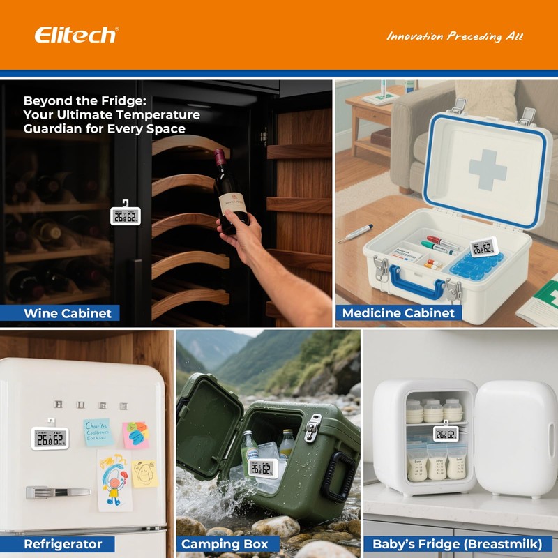 Elitech 2 Pack TM-2 Fridge Thermometer, Temperature and Humidity Monitoring,