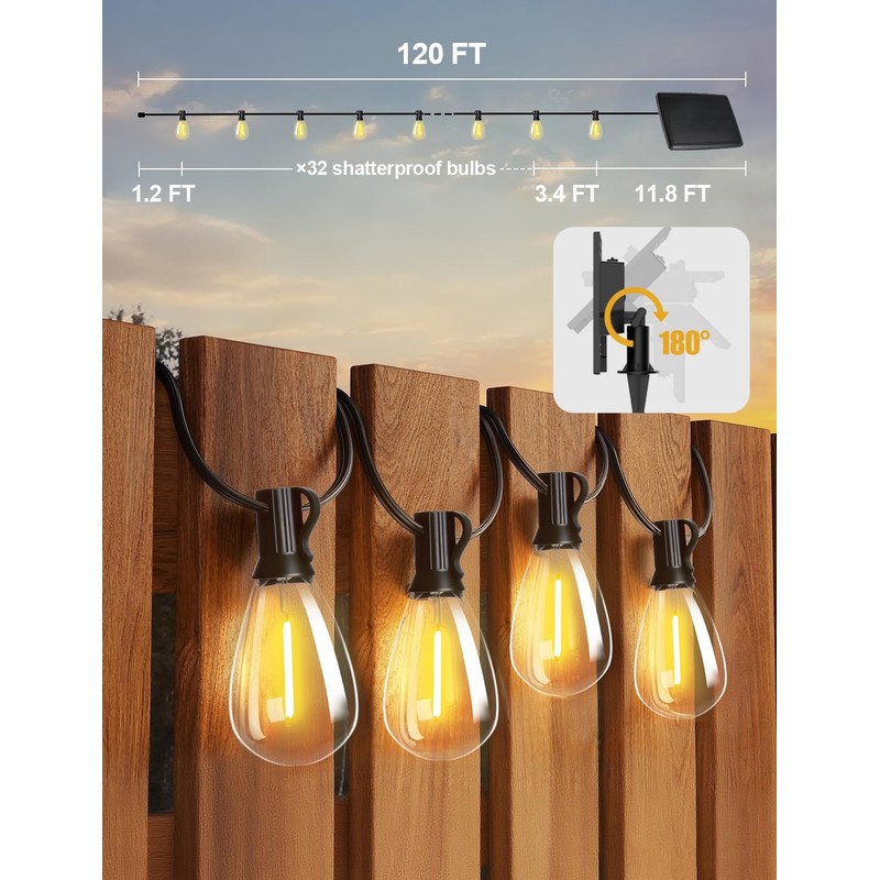 Tenmiro 120FT Solar Outdoor String Lights with Remote and 32+2