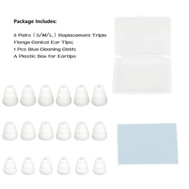 Triple Flange Eartips Soft Silicone Replacement Earbud Tips Fit for Inner Hole from 4mm - 5.1mm Earphones 9 Pairs S/M/L White