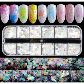 Iridescent Mermaid Flakes Nail Glitter, CHANGAR Holographic Nail Sequins Colorful Flakes Nail Art Sticker Decals Decoration for Face Body Eyes