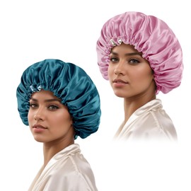 Satin Bonnet Silk Bonnet Hair Bonnet for Sleeping-Slouchy Beanie Hat Satin Sleep Cap for Women's Natural & Curly Hair(Blue Zircon&Dark Pink)