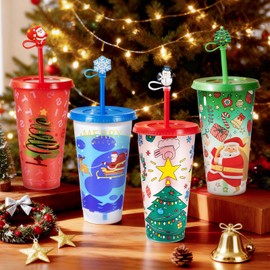 Christmas Color Changing Cups 4Pack with Lids Straws Caps 24oz