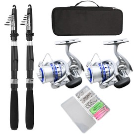 Fishing Pole Combo Set,2.1m/6.89ft 2PCS Collapsible Rods 2PCS Spinning Reels Mono Fishing line Come Setup Already！Lures Set Carrier Bag Freshwater Kit Fishing Rod Reel Combos ministoream