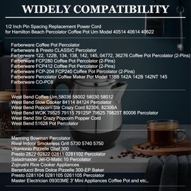 HASMX 6ft Power Cord for Hamilton Beach Percolator Coffee Pot Urn Model 40514 40614 40622 Electric Cord 2 Pin 1/2 Inch Spacing Also Fits Many Rice Cookers and Other Small Appliances