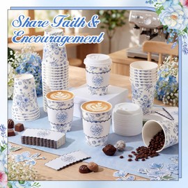 Qinyoung 100 Set Blue Floral Paper Coffee Cups with Lids and Sleeves 12 oz Vintage Flower Disposable Drinking Cups Bulk for Birthday Wedding Bridal Shower Tea Party Supplies