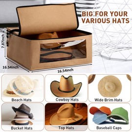 Suzile 2 Pack Hat Storage Box for Cowboy Hat Square Foldable Travel Wide Brims Caps Clothing Storage Case, Stackable Hat Organizer Bag Large Capacity Foldable Closet Sheet Storage Box (Brown)
