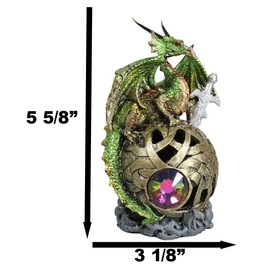 Ebros Gift Elemental Medieval Metallic Green and Gold Dragon with Silver Sword Perching On Color Changing LED Gyrosphere Orb Night Light Figurine