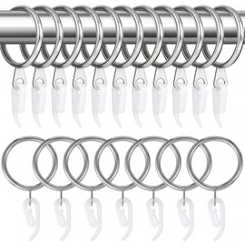 24 Pieces silver metal curtain rings and 24 Pieces white plastic Curtain Hooks for curtains (30mm internal diameter)