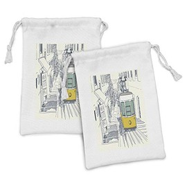 Lunarable Urban Fabric Pouch Set of 2, Sketch Style City Scenery with Street Bus in Town Lisbon Modern Artwork, Small Drawstring Bag for Toiletries Masks and Favors, 9" x 6", Petrol Blue Mustard